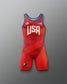 Red freestyle wrestling singlet with 'USA' text on a gradient background