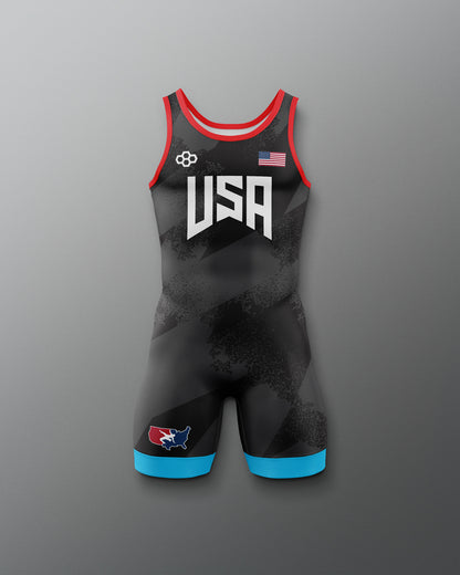 Freestyle Wrestling singlet with 'USA' and American flag design on a gray background