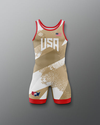 Freestyle Wrestling singlet with 'USA' and flag design on a gray background
