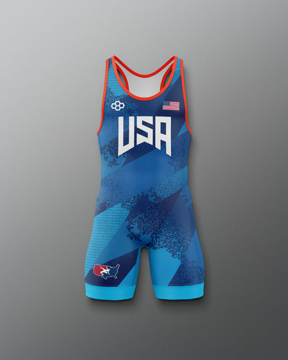 Blue freestyle wrestling singlet with 'USA' text on a red and blue gradient background