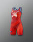 Red freestyle wrestling singlet with 'USA' branding on a gray background