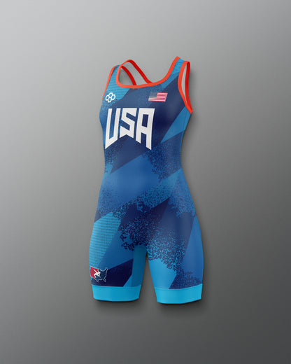 Blue and red freestyle wrestling singlet with 'USA' branding on a gradient background