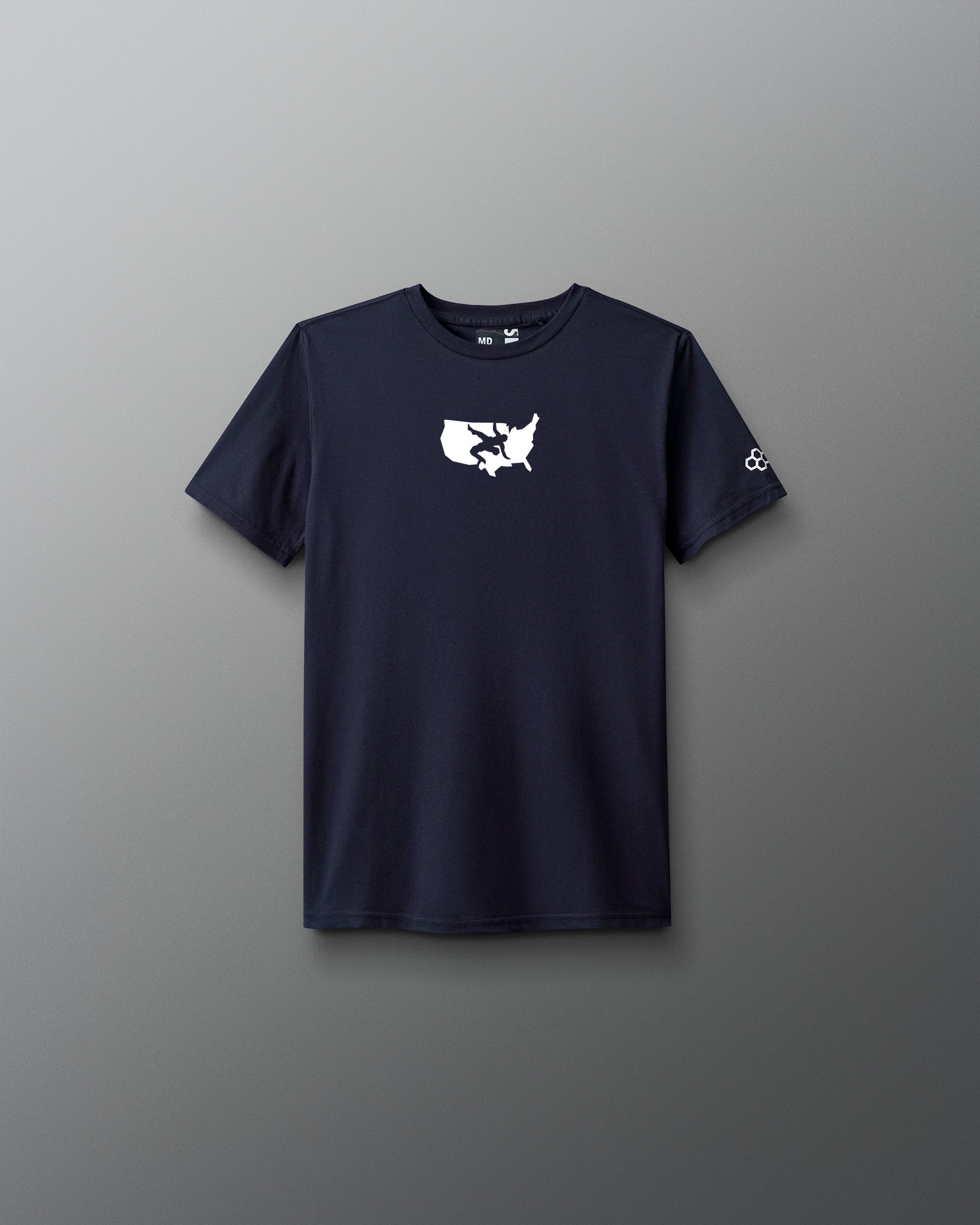 Navy blue t-shirt with a white graphic on a gray background