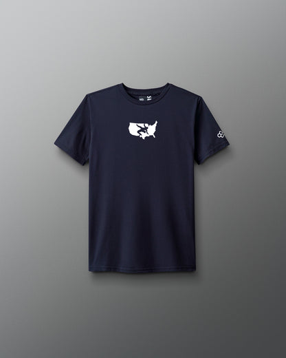 Navy blue t-shirt with a white graphic on a gray background