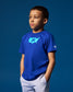 A youth in a blue graphic t-shirt with a block design depicting the United States and the text 'USAW' on the chest.
