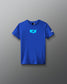 Blue t-shirt with a graphic design on a gradient red to blue background