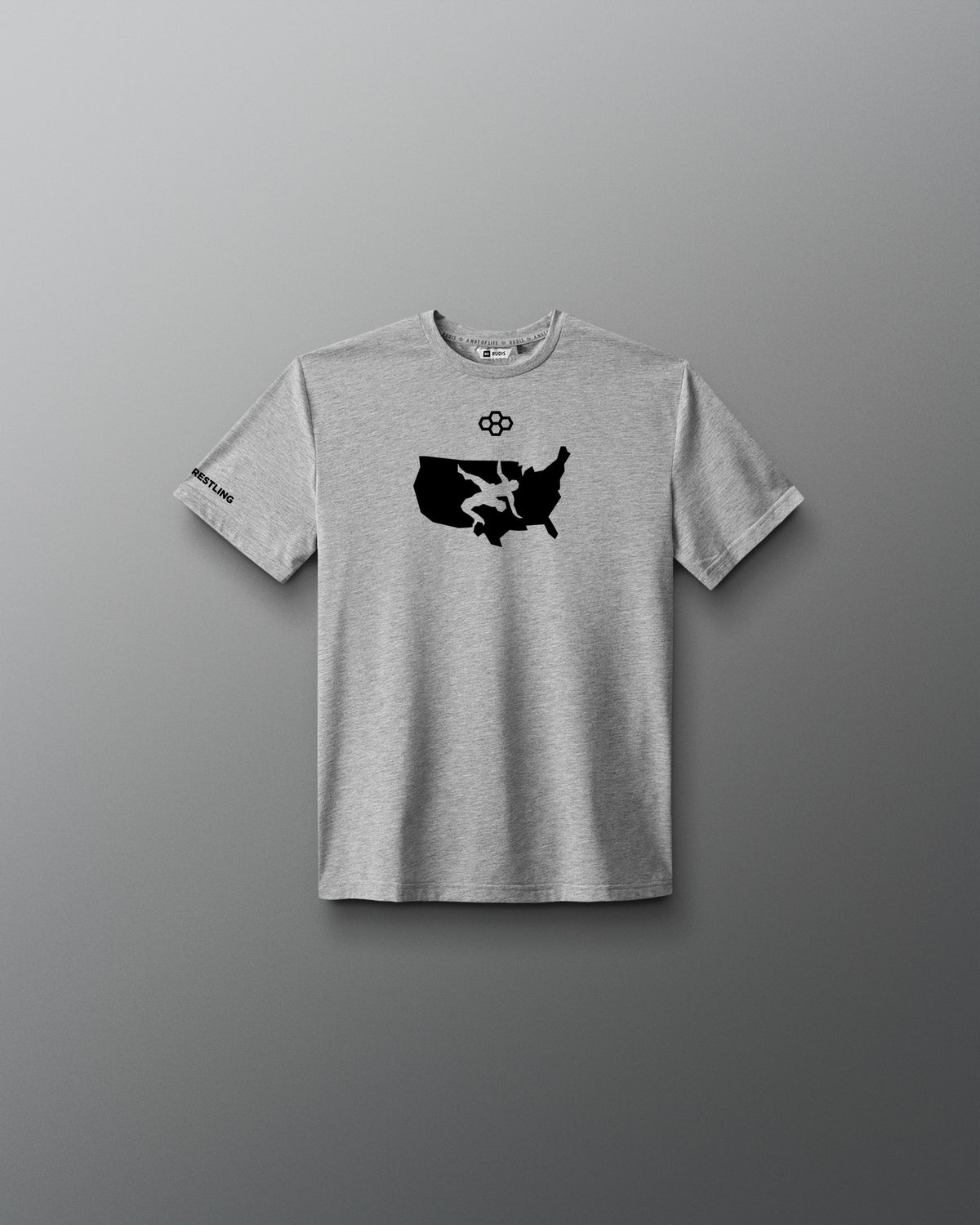 Front view of the athletic gray RUDIS USA Wrestling Map Youth Elite Super Soft T-Shirt with black USA map and wrestler graphic.