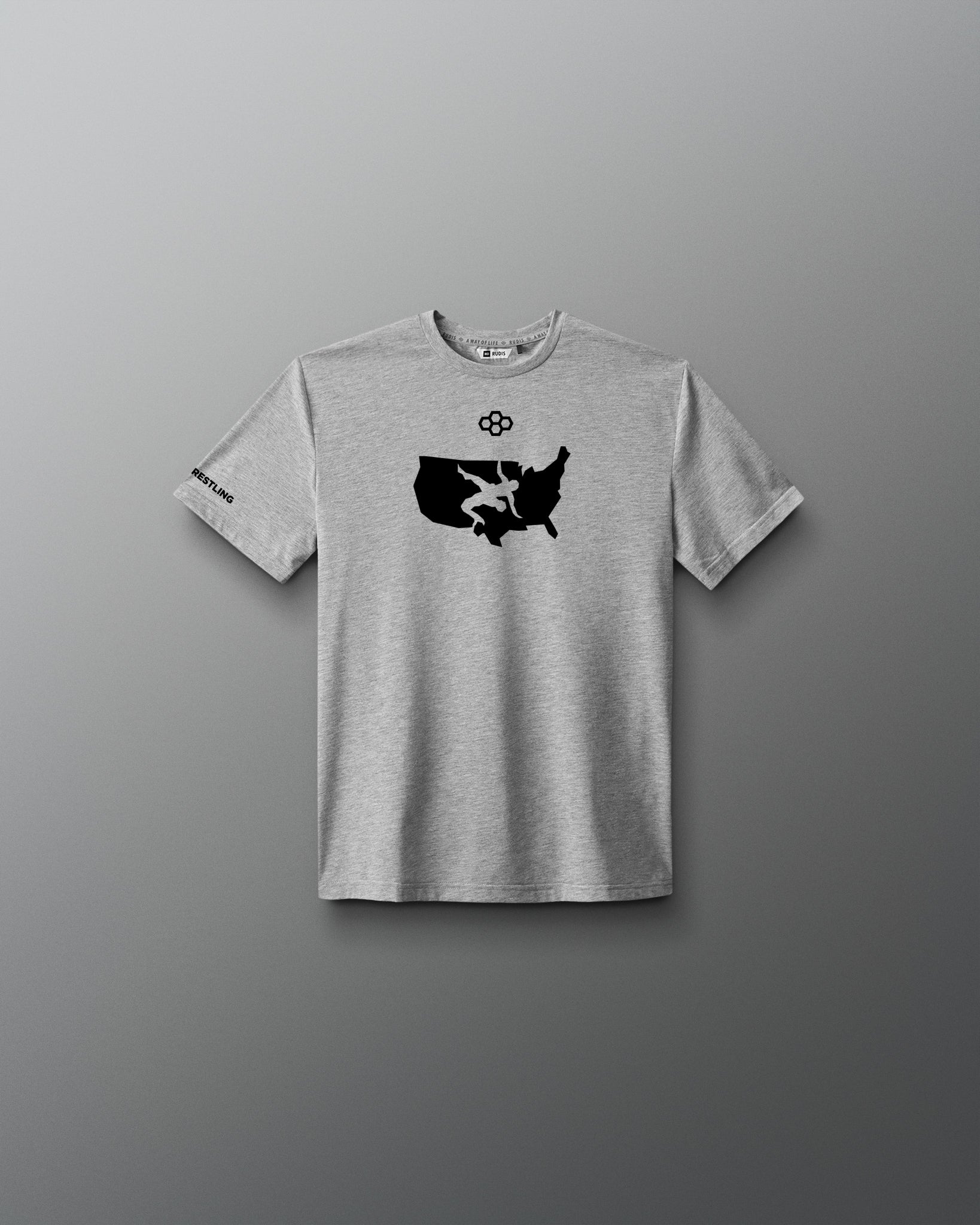 Front view of the athletic gray RUDIS USA Wrestling Map Youth Elite Super Soft T-Shirt with black USA map and wrestler graphic.