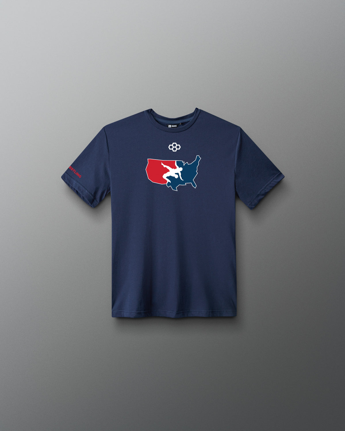 Front view of the navy RUDIS USA Wrestling Map Youth Elite Super Soft T-Shirt with red, white and blue USA map and wrestler graphic.