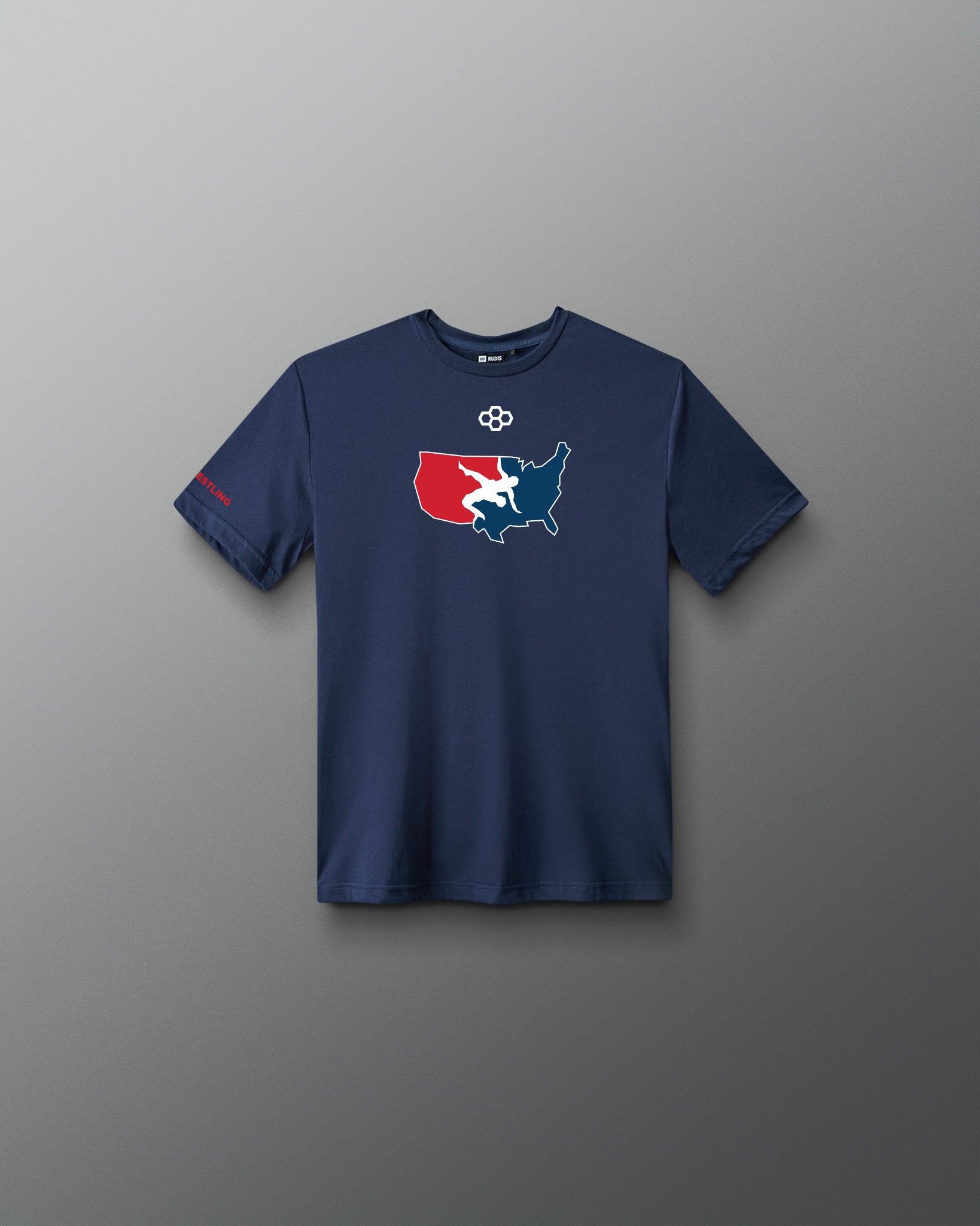 Front view of the navy RUDIS USA Wrestling Map Youth Elite Super Soft T-Shirt with red, white and blue USA map and wrestler graphic.