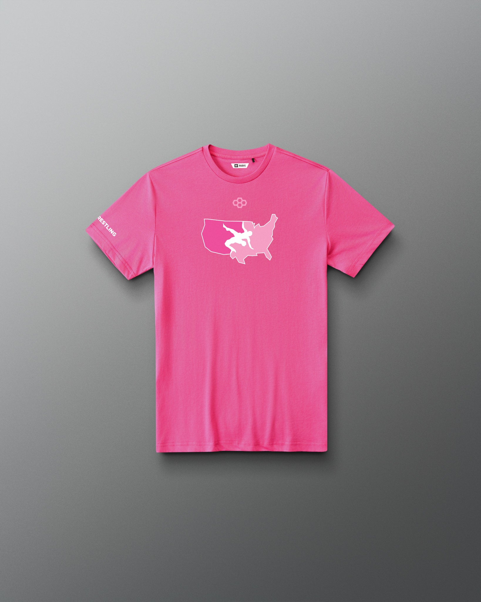 Front view of the pink RUDIS USA Wrestling Map Youth Elite Super Soft T-Shirt with white USA map and wrestler graphic.