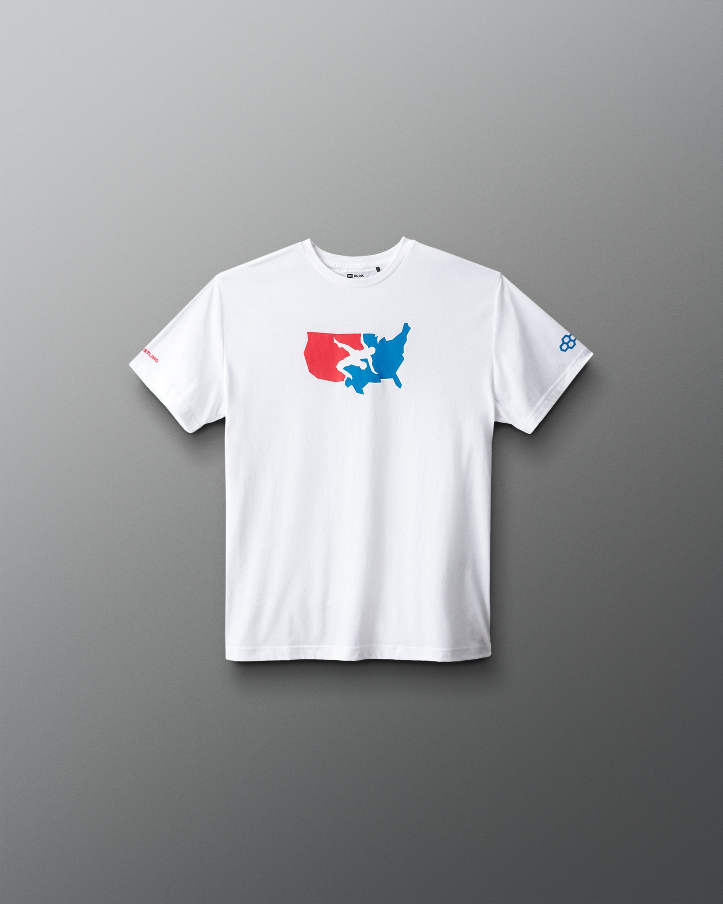 White t-shirt with a colorful graphic on a gray background