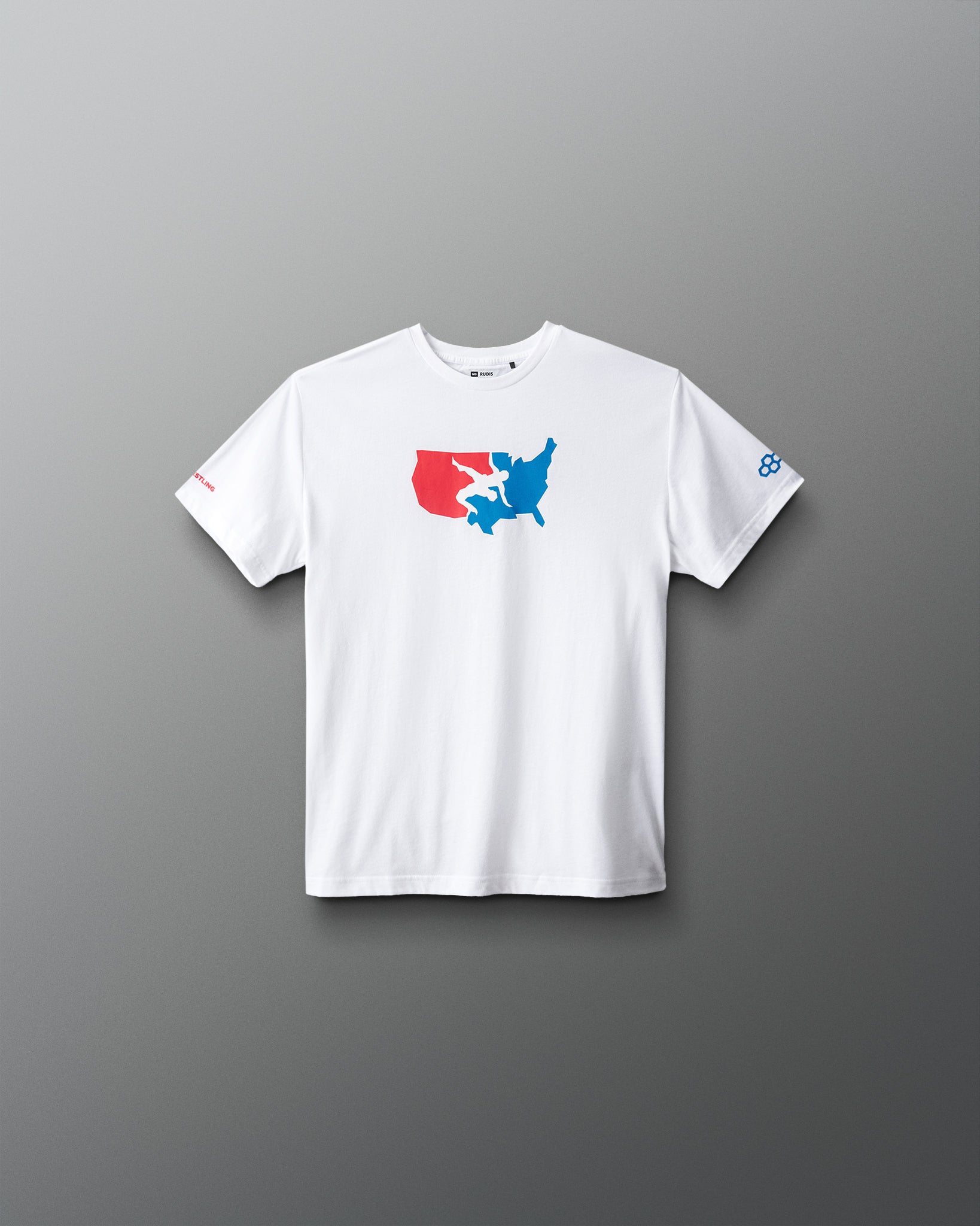 White t-shirt with a colorful graphic on a gray background