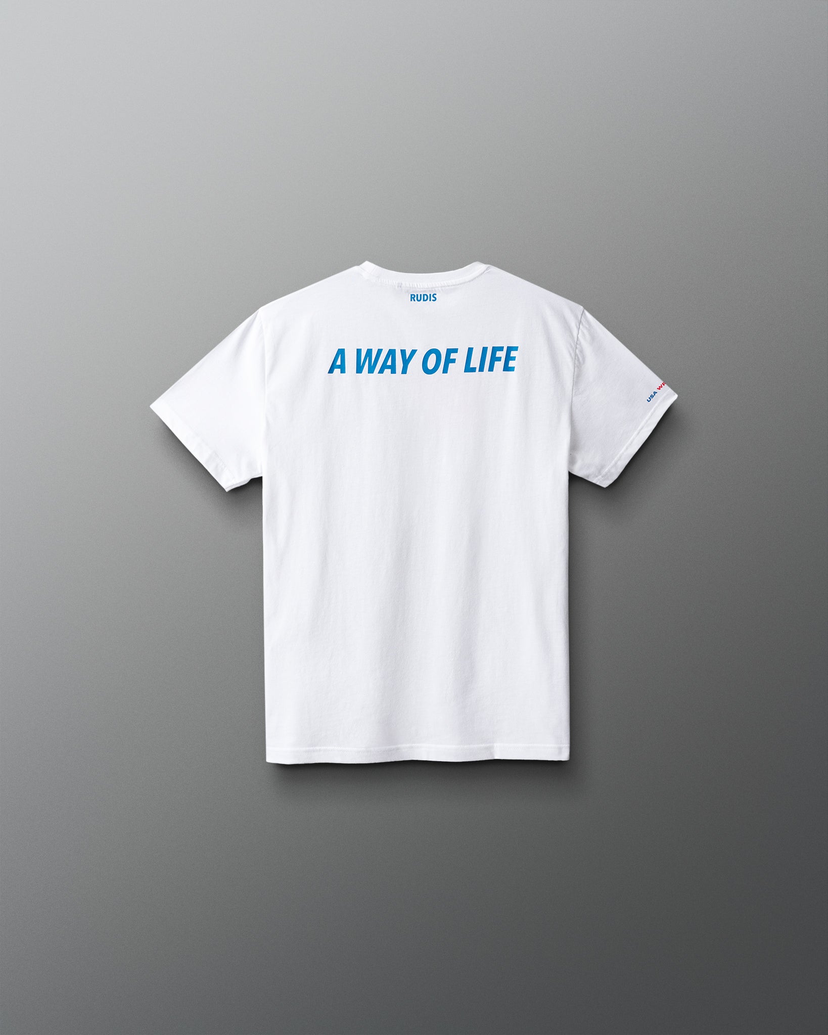 White t-shirt with 'A Way of Life' text on the back against a gray background