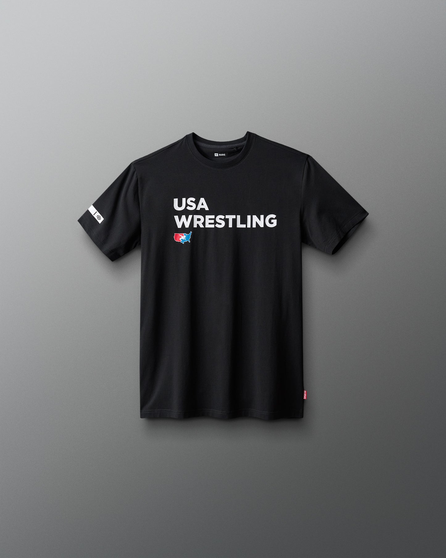 Black t-shirt with 'USA Wrestling' text on a gray background