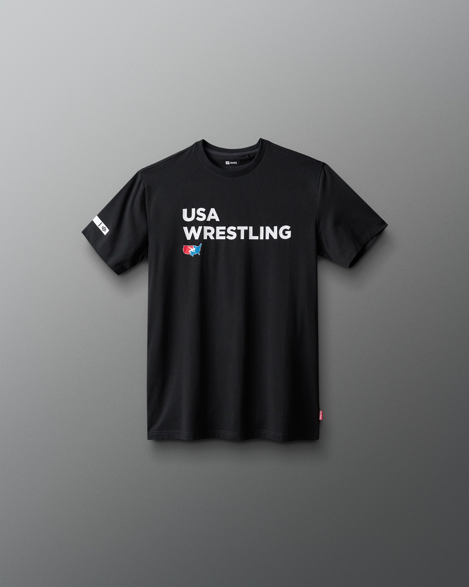 Black t-shirt with 'USA Wrestling' text on a gray background