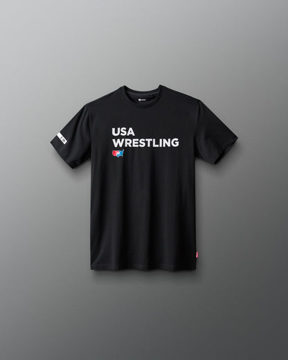 Black t-shirt with 'USA Wrestling' text on a gray background
