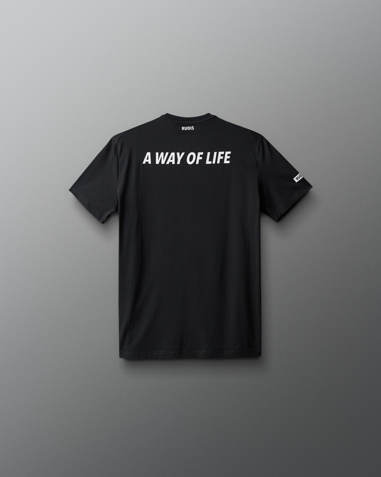 Black t-shirt with 'A Way of Life' text on a gray background
