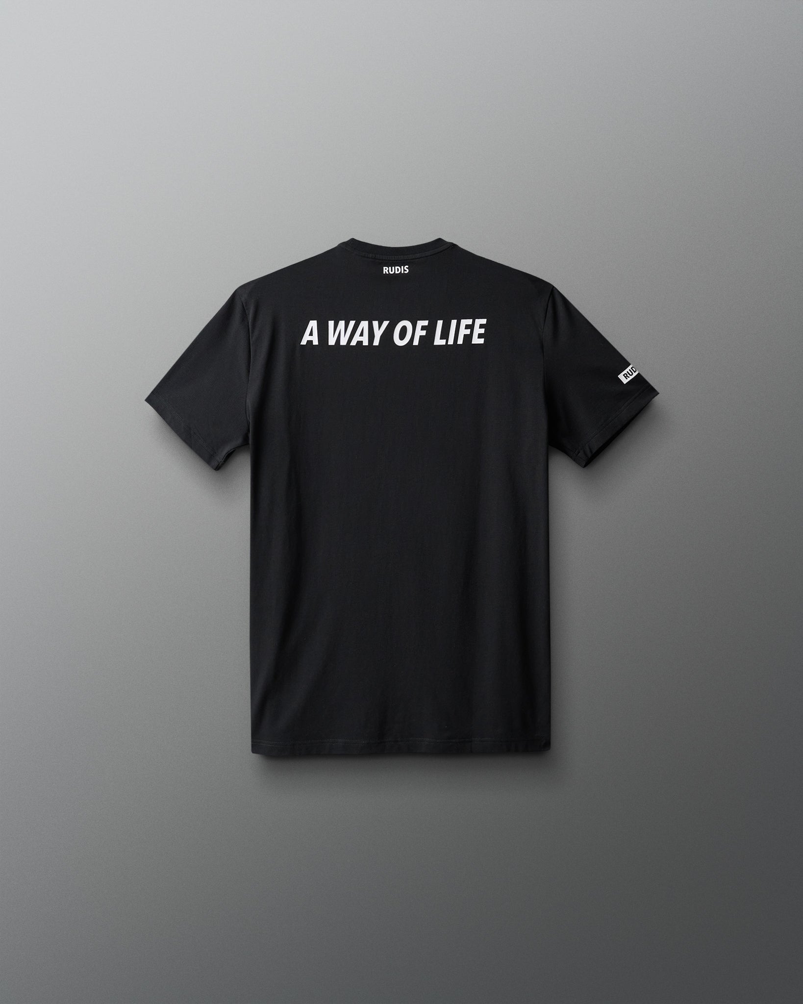 Black t-shirt with 'A Way of Life' text on a gray background