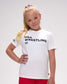 Young girl wearing a USA Wrestling t-shirt on a plain background