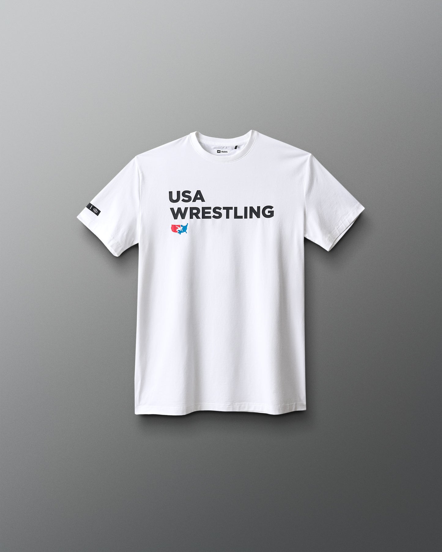 White t-shirt with 'USA Wrestling' text on a gray background