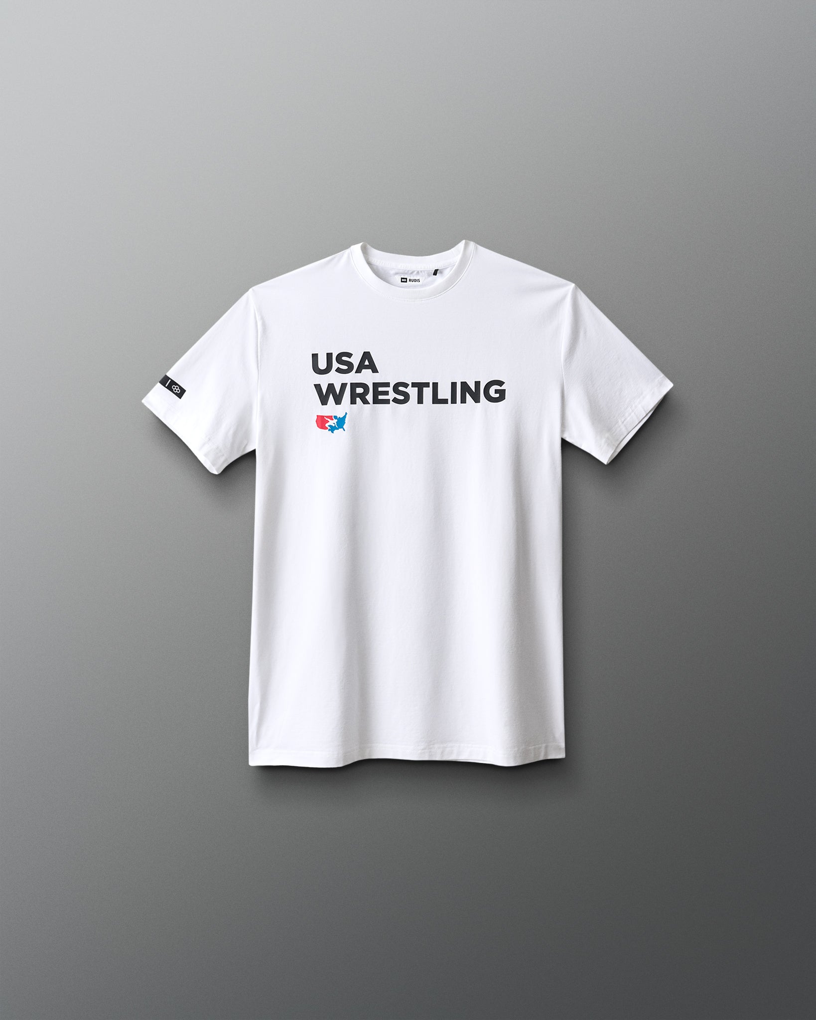 White t-shirt with 'USA Wrestling' text on a gray background