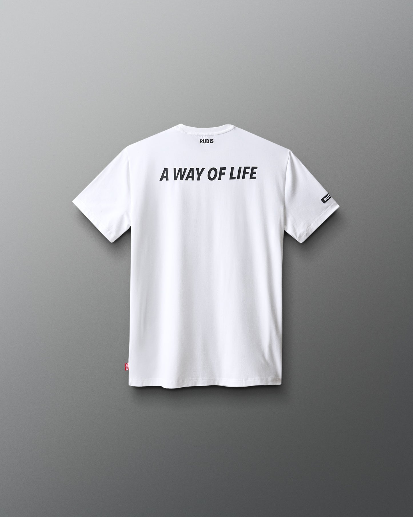 White t-shirt with 'A Way of Life' text on the back against a gray background