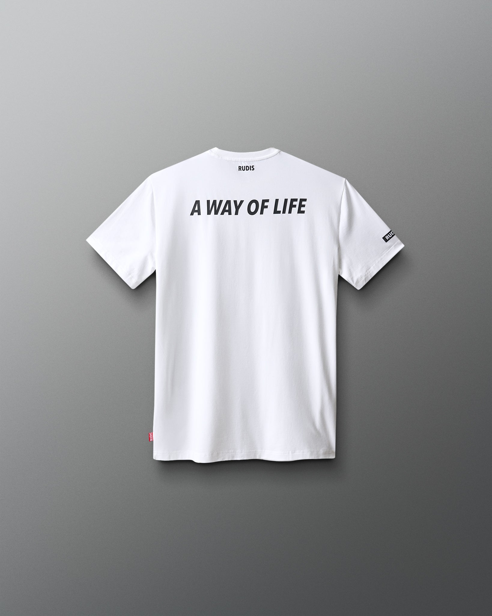 White t-shirt with 'A Way of Life' text on the back against a gray background