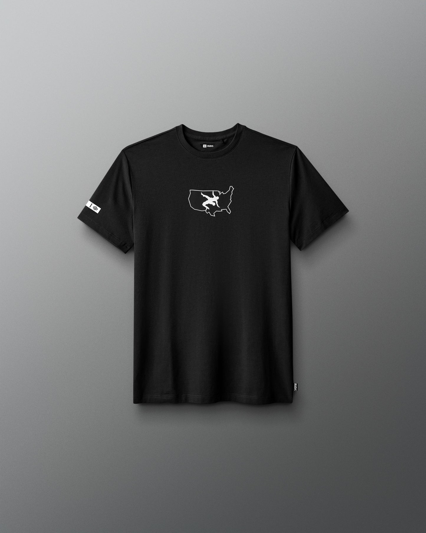 Black t-shirt with a white graphic on a gray background