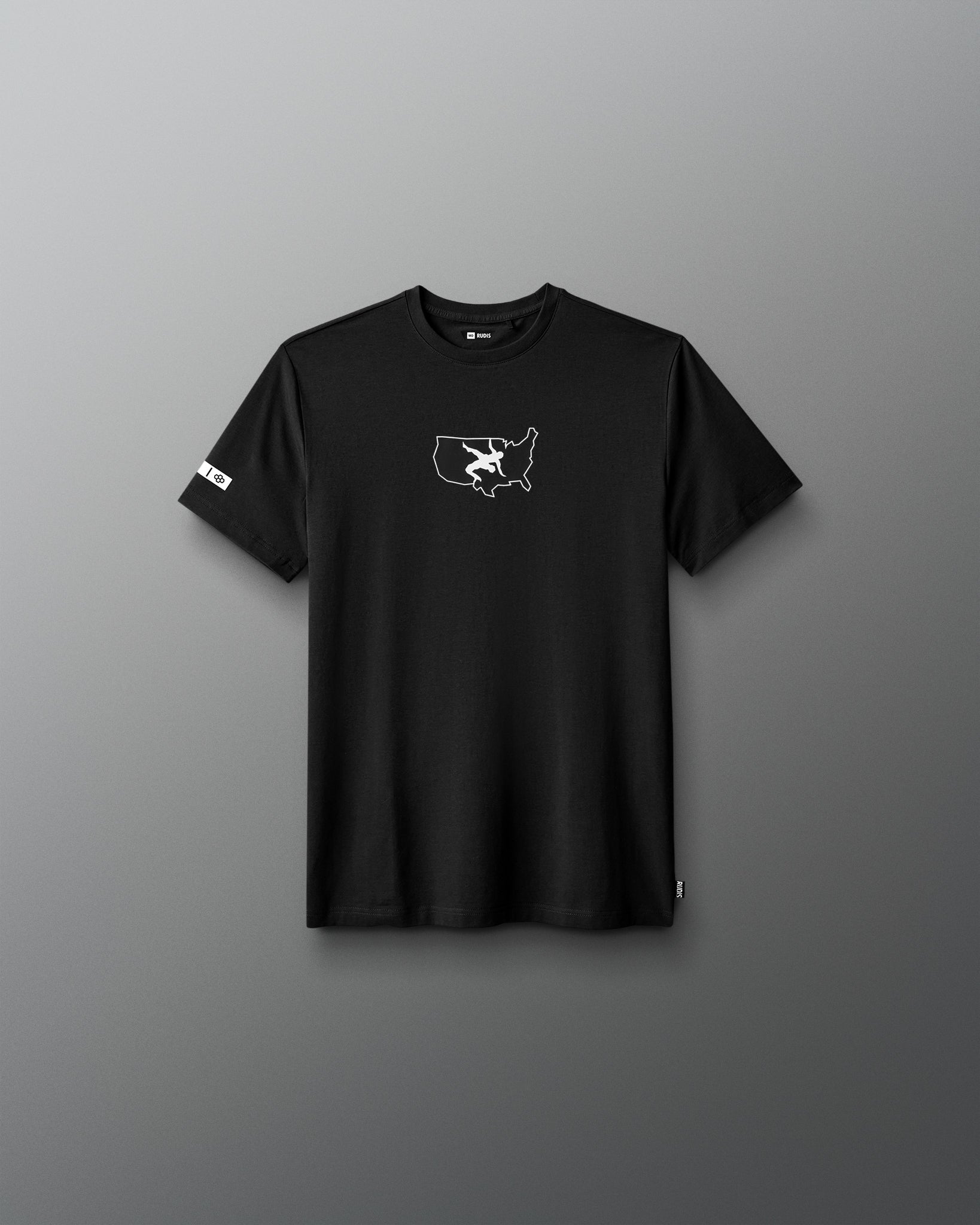 Black t-shirt with a white graphic on a gray background