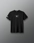 Black t-shirt with a white graphic on a gray background