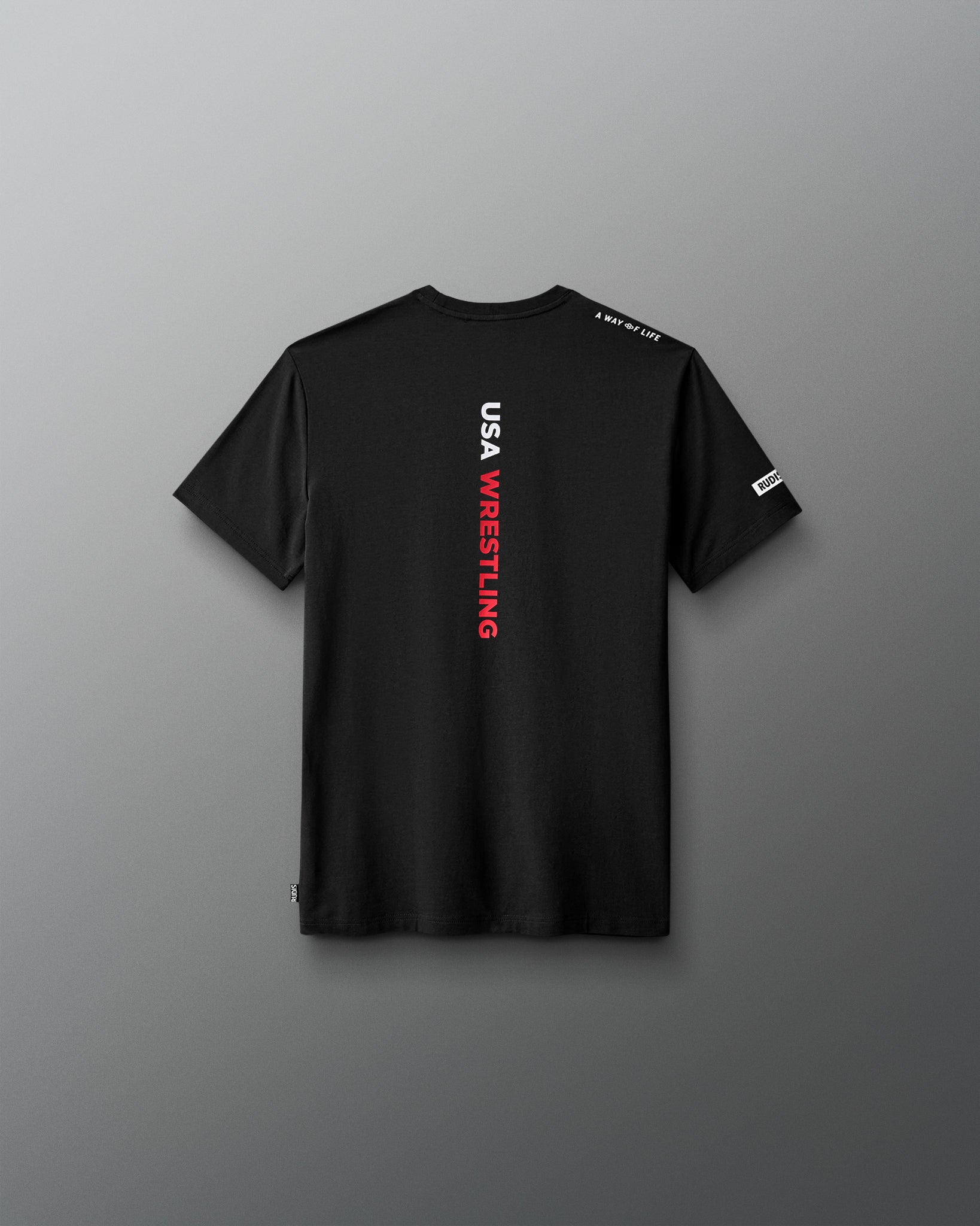 Black t-shirt with USA Wrestling logo on a gray background