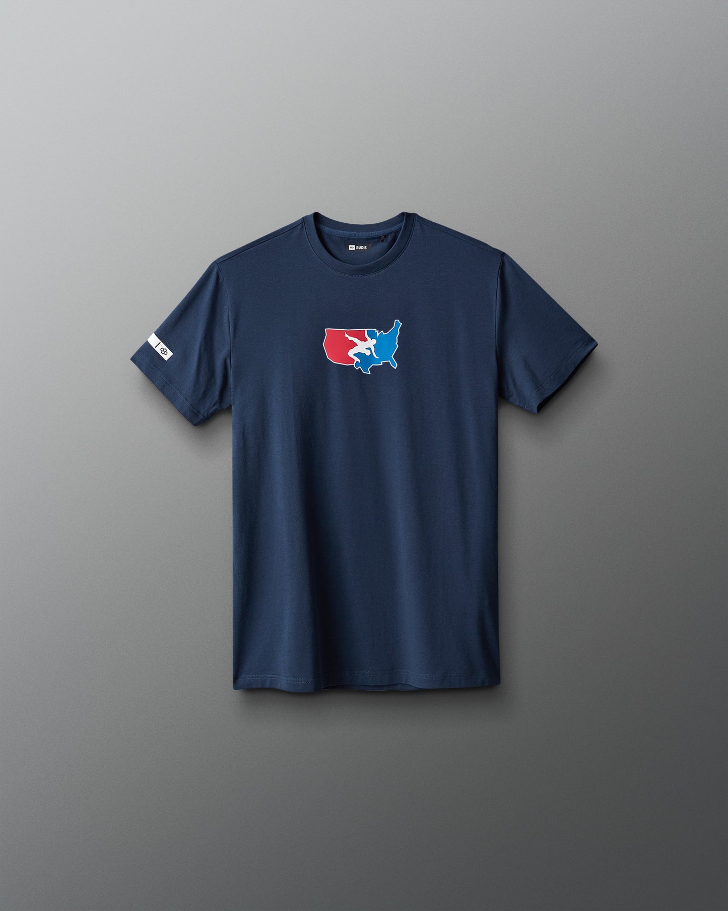 Navy blue t-shirt with a logo on a gray background