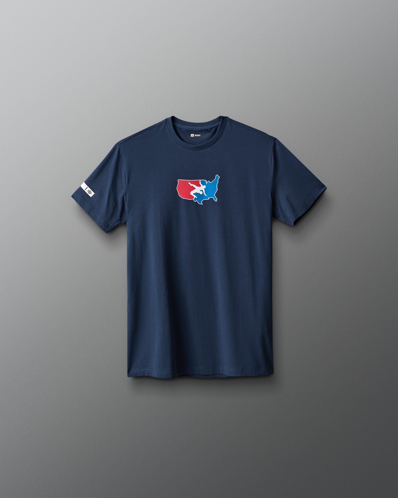 Navy blue t-shirt with a logo on a gray background