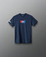 Navy blue t-shirt with a logo on a gray background