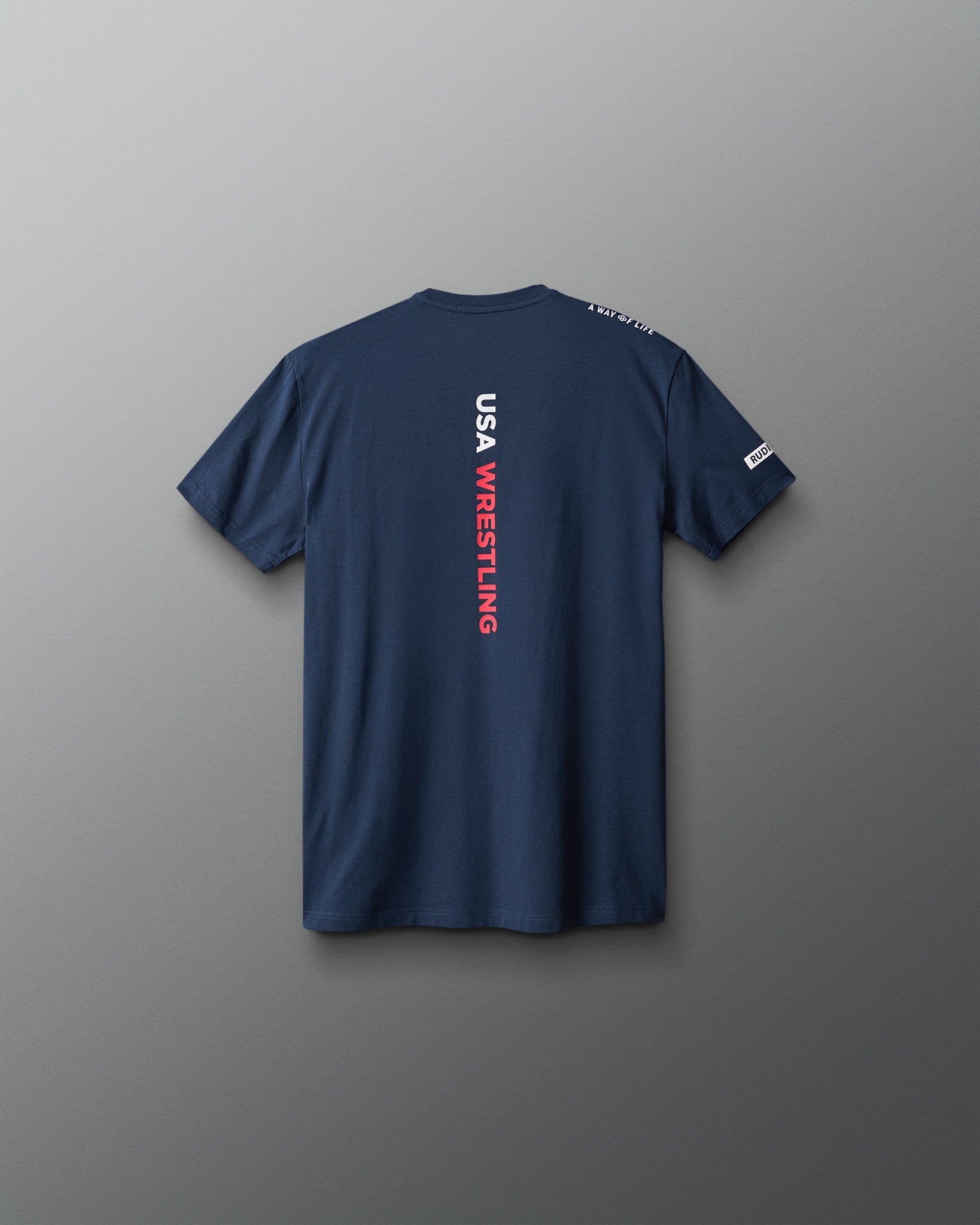 Navy blue t-shirt with 'USA Wrestling' text on the back against a gray background