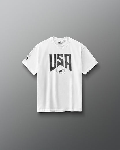 White t-shirt with gray 'USA' graphic design on a gray background