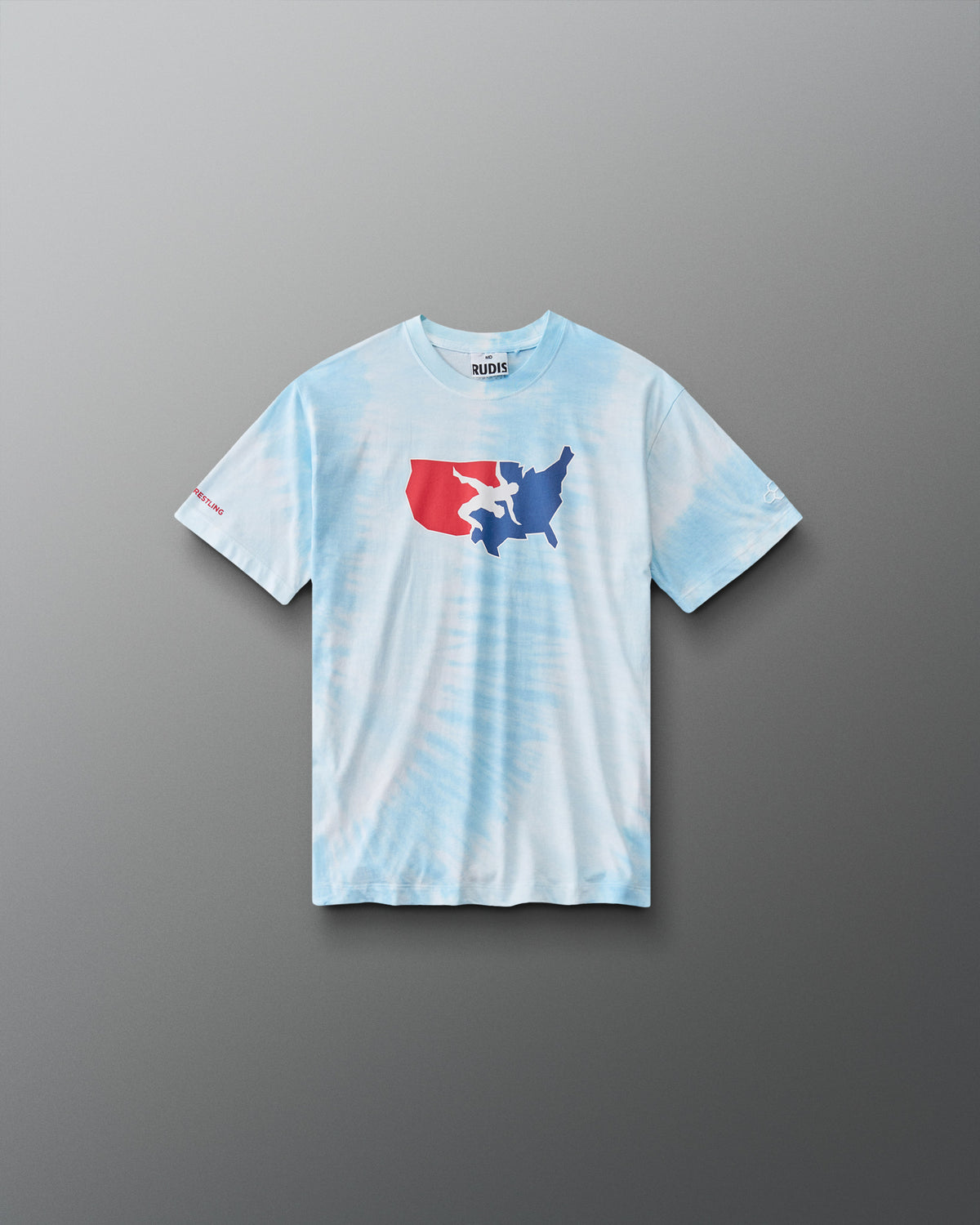 RUDIS USA Wrestling Map Youth Classic Cotton T-Shirt in Blue Tie Dye, front view featuring a red, white, and blue USA map wrestling graphic, crew neckline, and short sleeves. Copy Alt Text