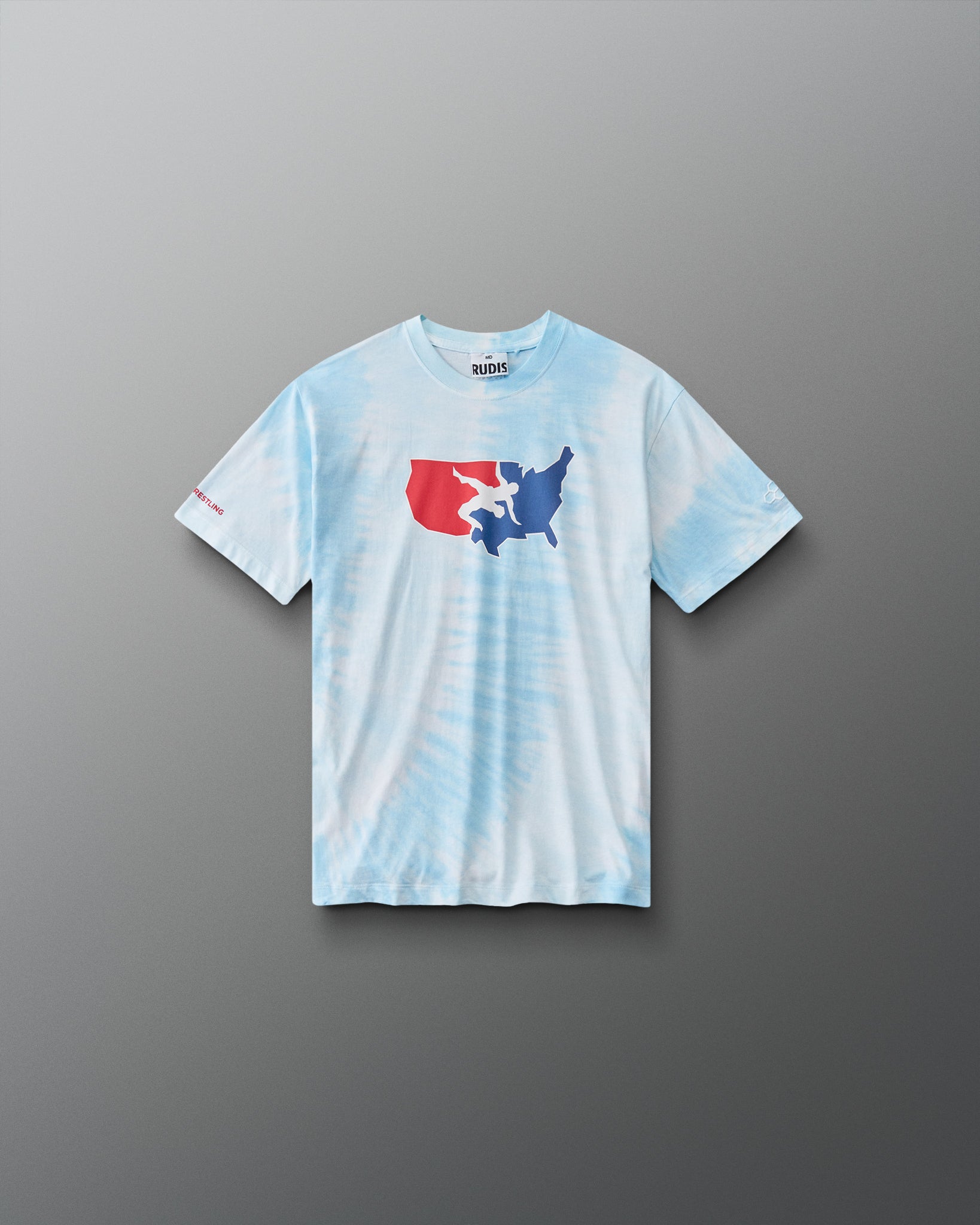RUDIS USA Wrestling Map Youth Classic Cotton T-Shirt in Blue Tie Dye, front view featuring a red, white, and blue USA map wrestling graphic, crew neckline, and short sleeves. Copy Alt Text