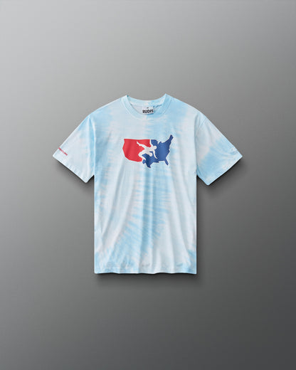RUDIS USA Wrestling Map Youth Classic Cotton T-Shirt in Blue Tie Dye, front view featuring a red, white, and blue USA map wrestling graphic, crew neckline, and short sleeves. Copy Alt Text