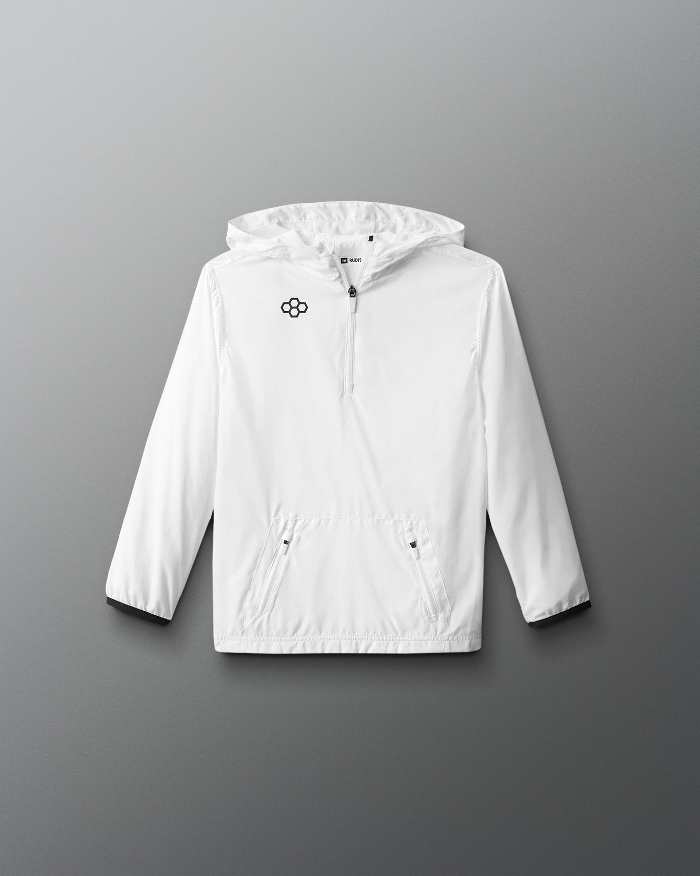 White jacket with a brand logo on a gray background