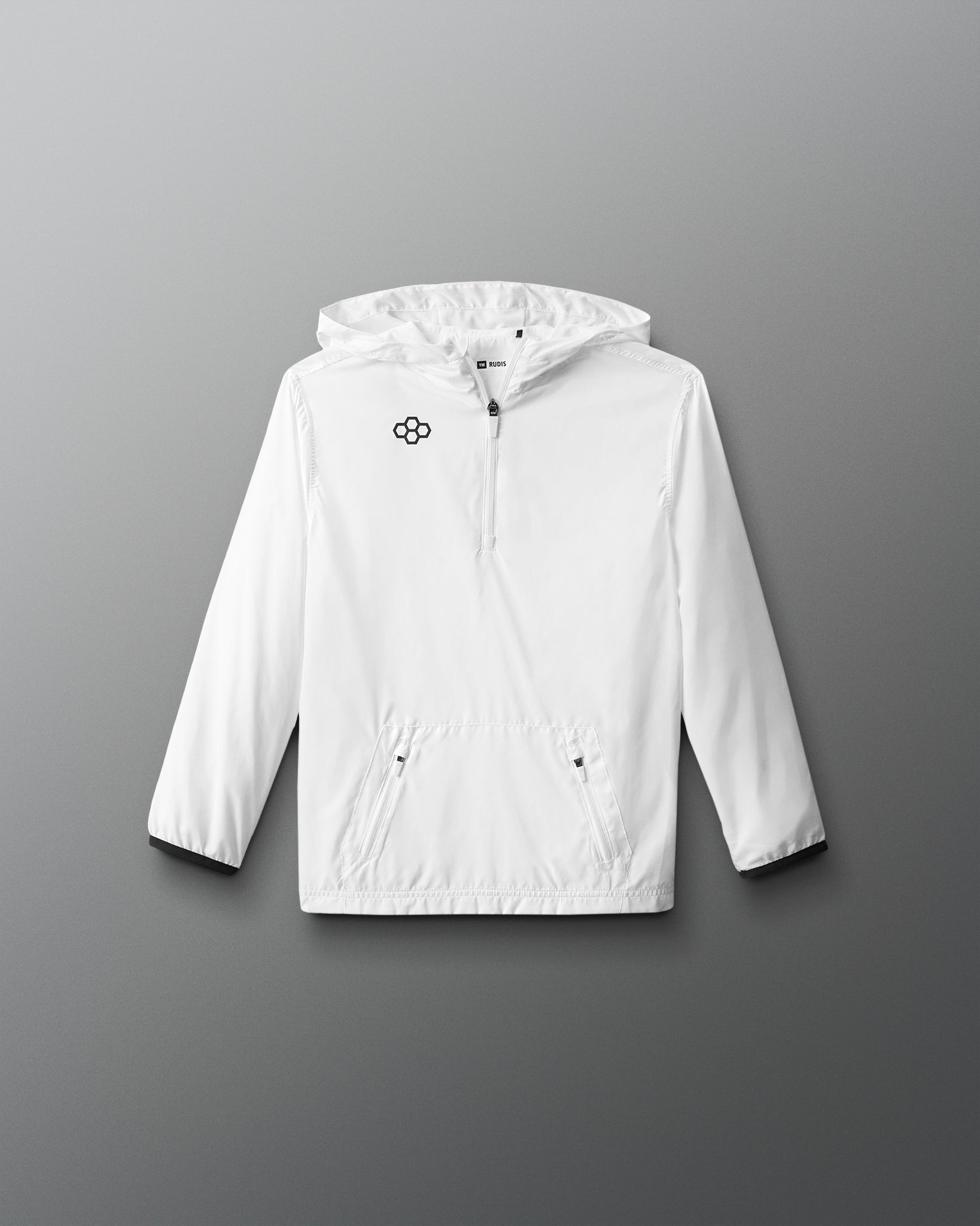 White jacket with a brand logo on a gray background