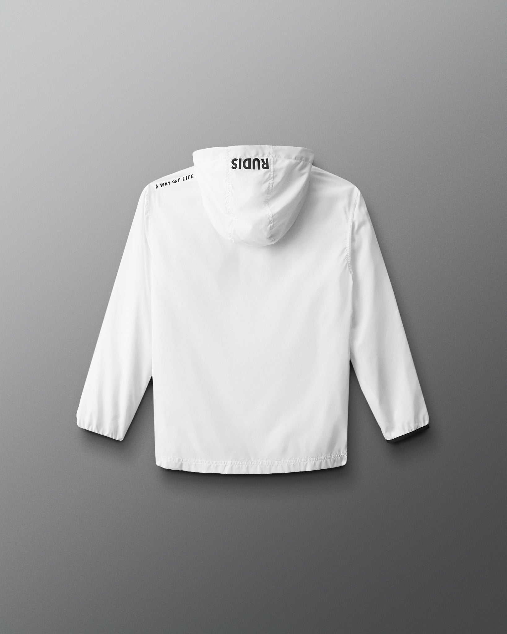 White jacket with a brand logo on the back against a gray background