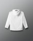 White jacket with a brand logo on the back against a gray background
