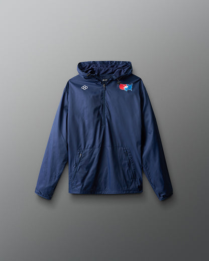 Blue jacket with logos on a gray background