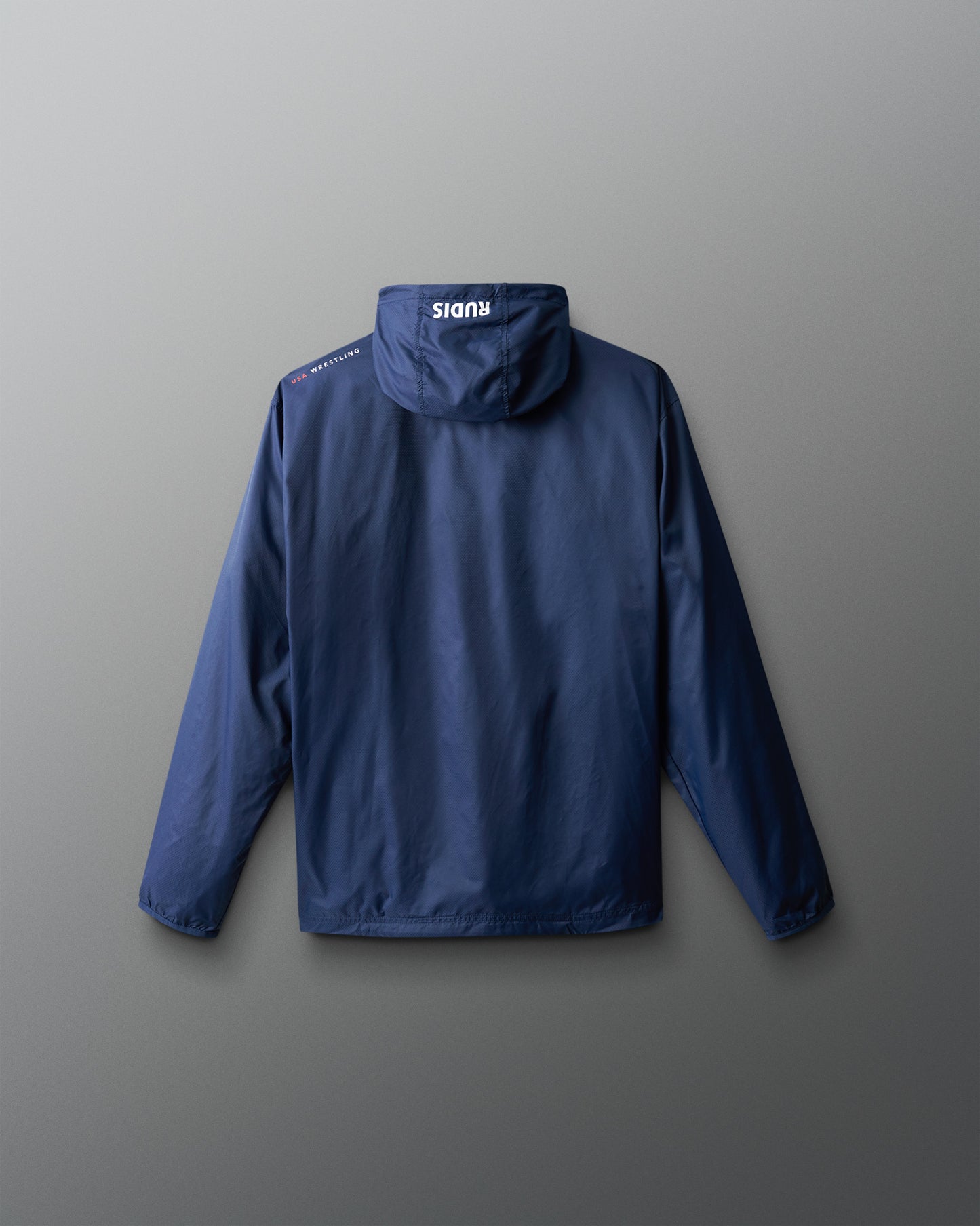 Blue jacket with a brand logo on the back against a gray background