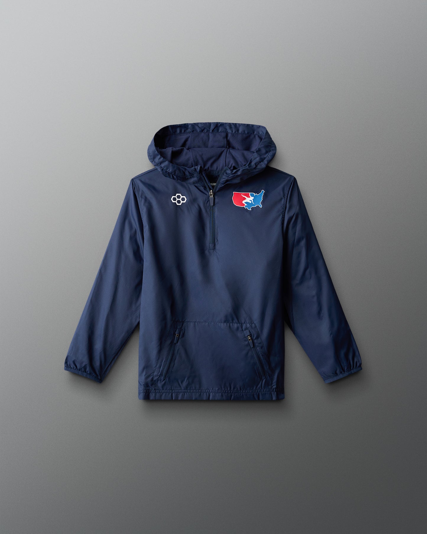 Blue jacket with logos on a gray background
