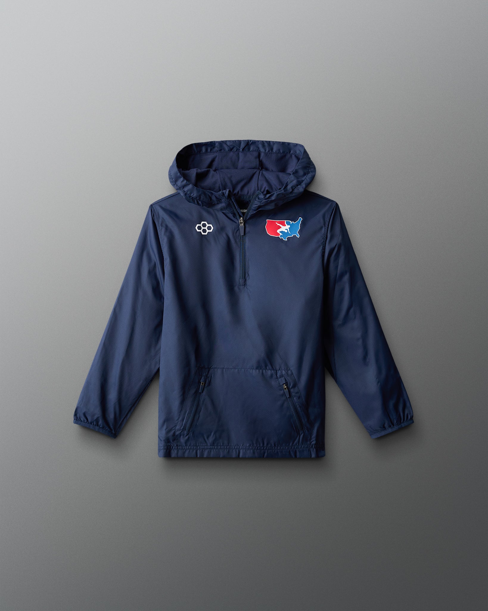 Blue jacket with logos on a gray background