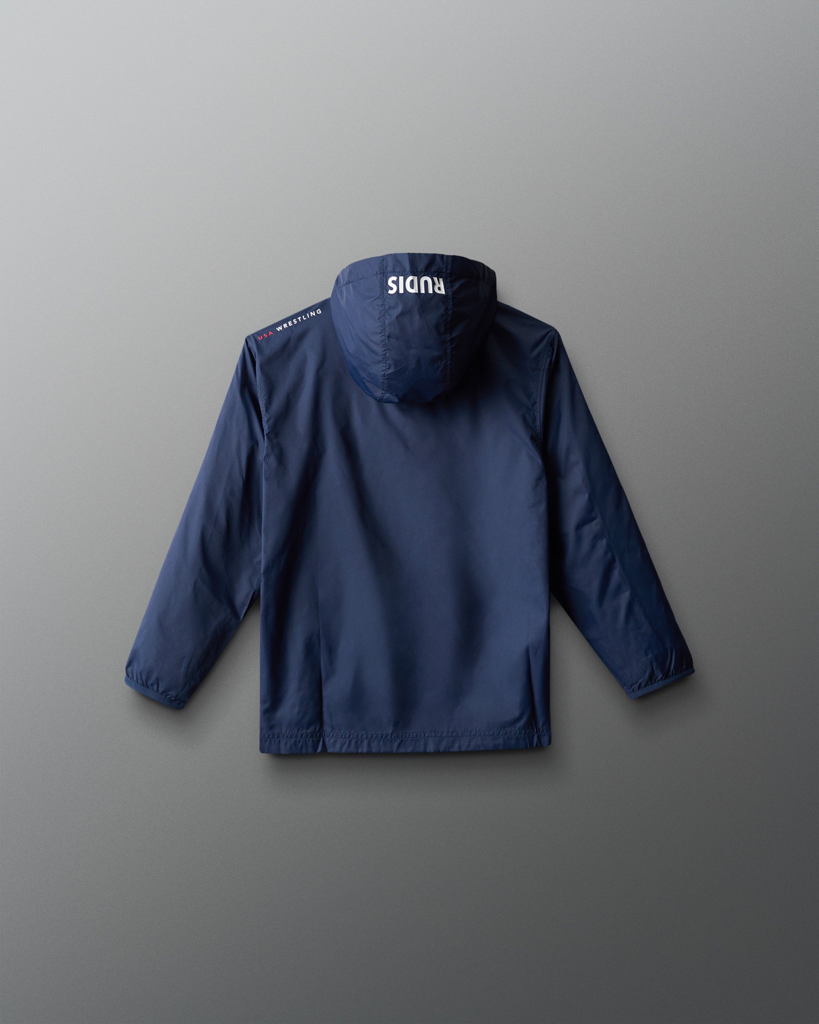 Blue jacket with a brand logo on the back against a gray background