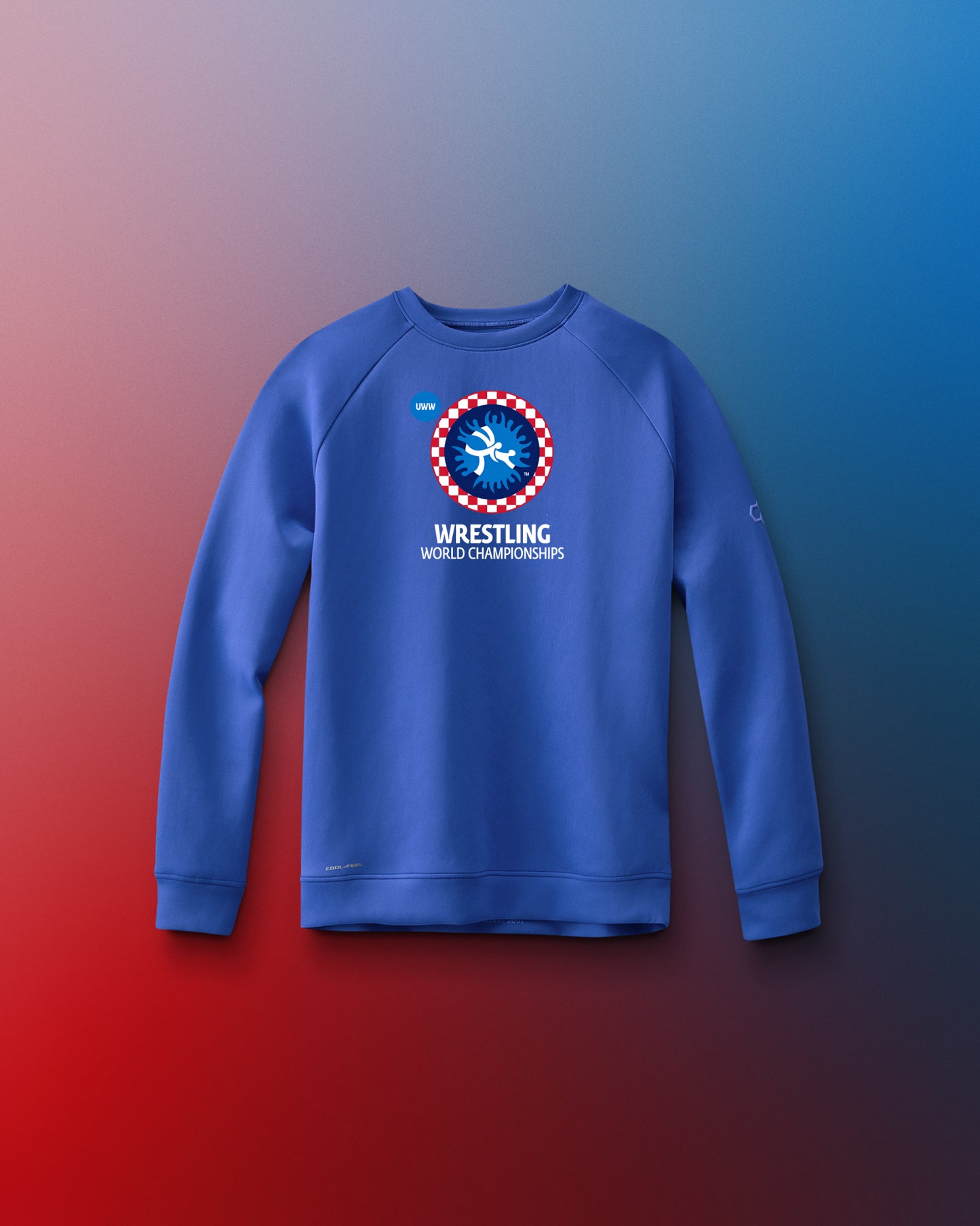 Blue sweatshirt with wrestling world championships graphic and text on a gradient background. United World Wrestling, Zagreb